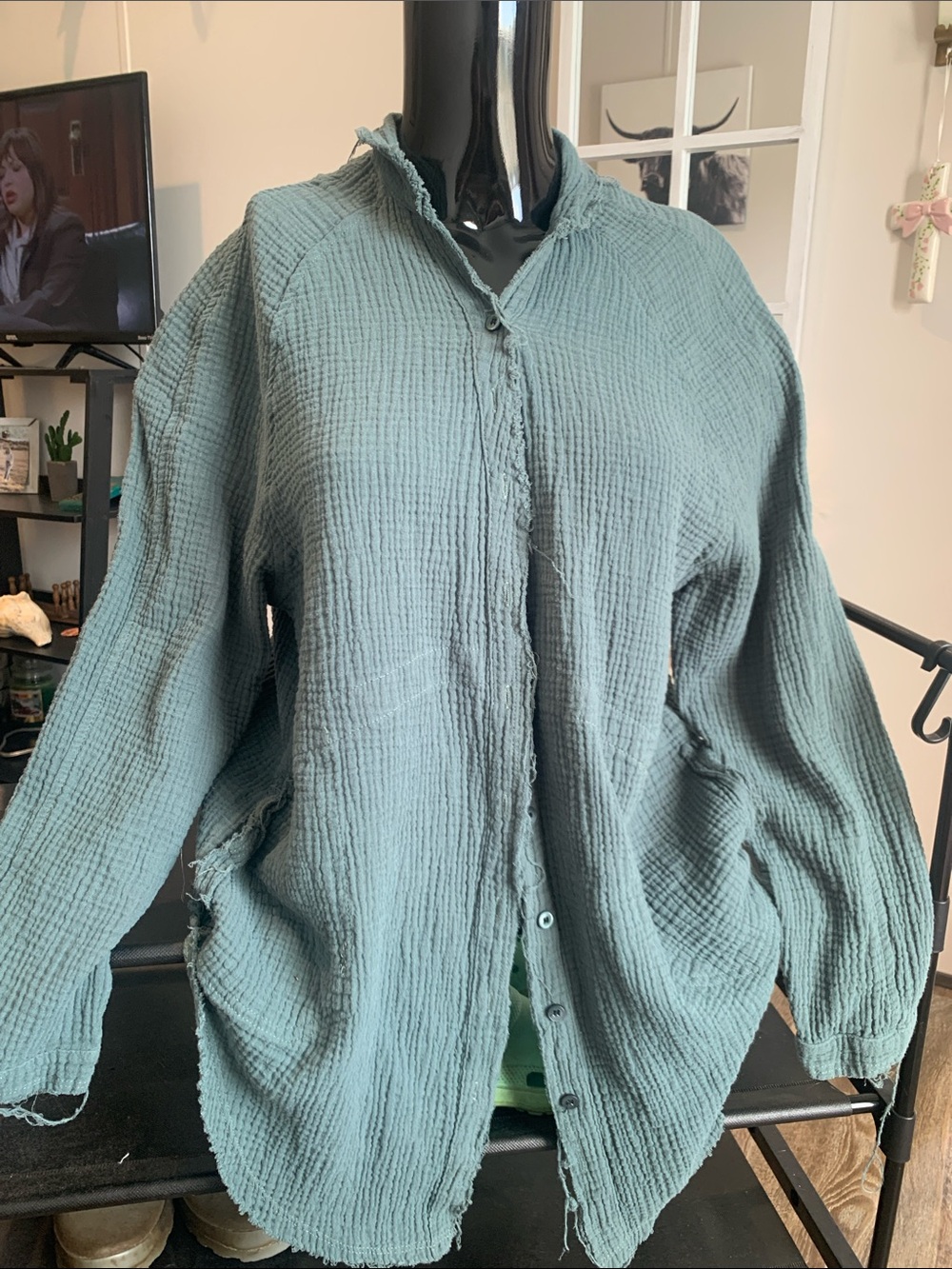 #34 Casual Crinkle Button-Down Shirt in Dusty Teal - Women's Top